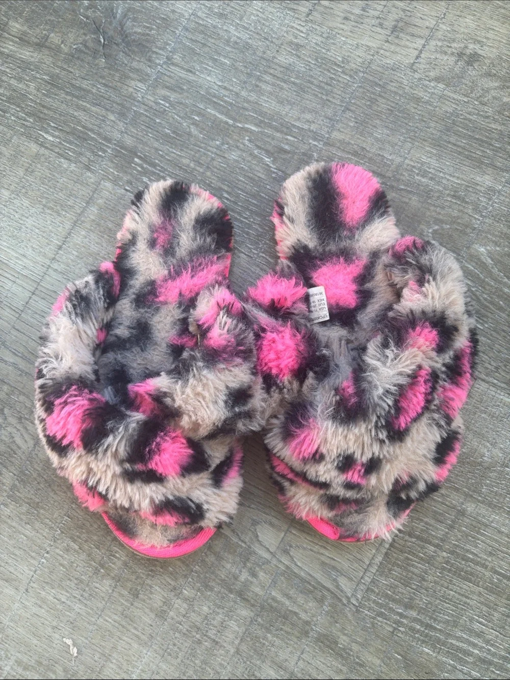 Size11-12Y Kids Faux Fur Leopard Slide Slippers - Pink